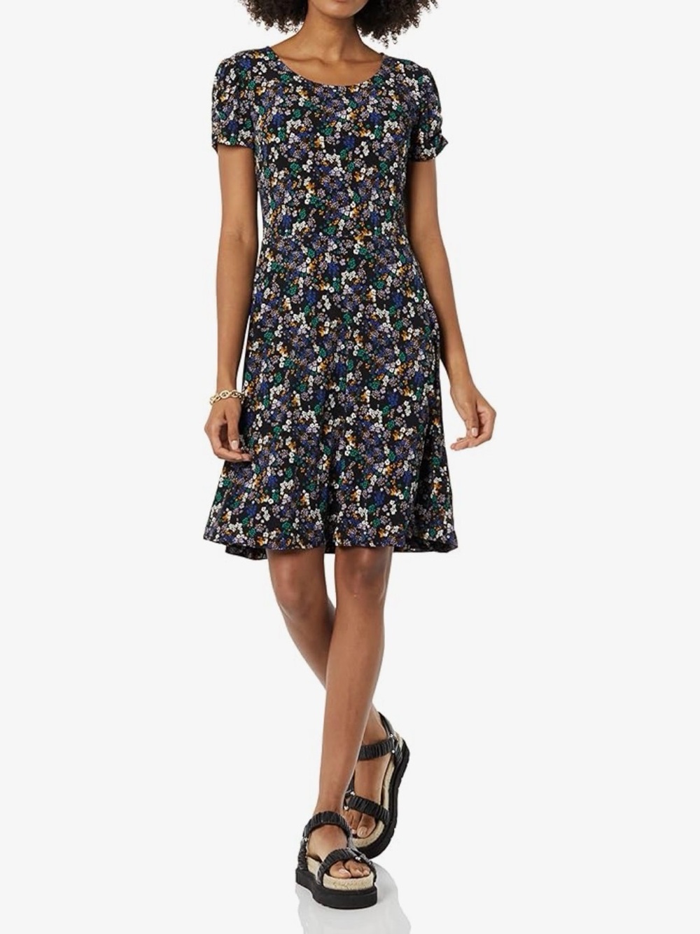 NWT Women’s Amazon Essentials Black Floral Short-Sleeve A-Line Dress XS
